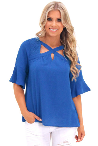 Royal Blue Crisscross Neck Lace Insert Bell Sleeve Top