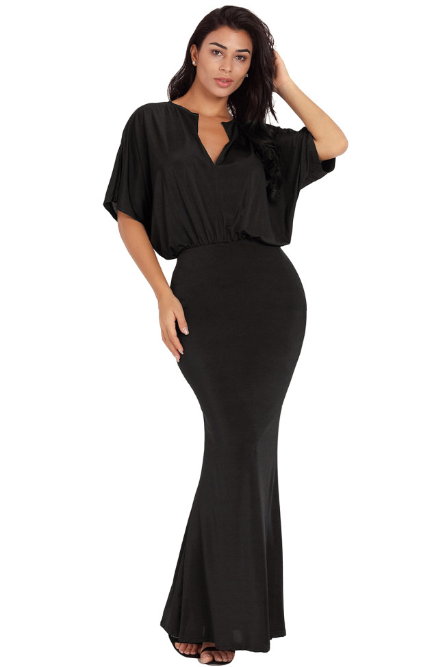 Sexy V Neck Maxi Party Dress in Black