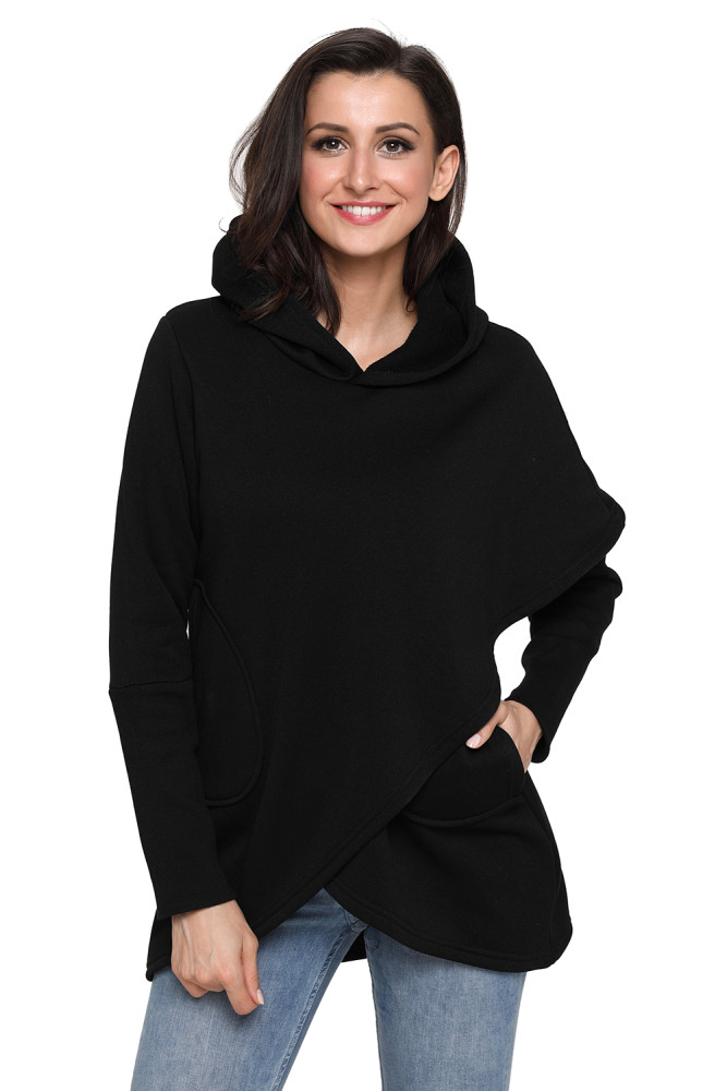 Black Tulip Wrap Cape Style Long Sleeve Hoodie