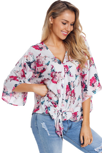 White Floral Print Tie Front Kimono Sleeve Blouse