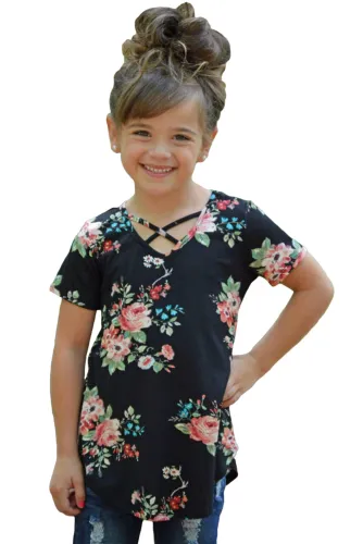 Black Crisscross V Neck Little Girl Floral Top