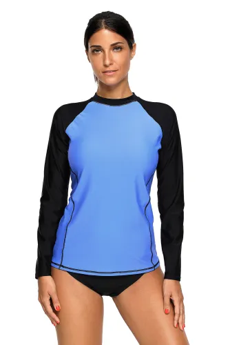 Blue Black Long Sleeve Tankini Swim Top