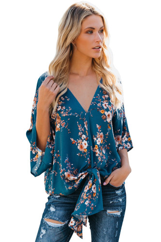 Blue Flowery Print Tie Front Kimono Sleeve Blouse