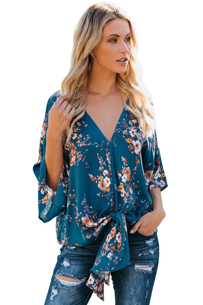 Blue Flowery Print Tie Front Kimono Sleeve Blouse