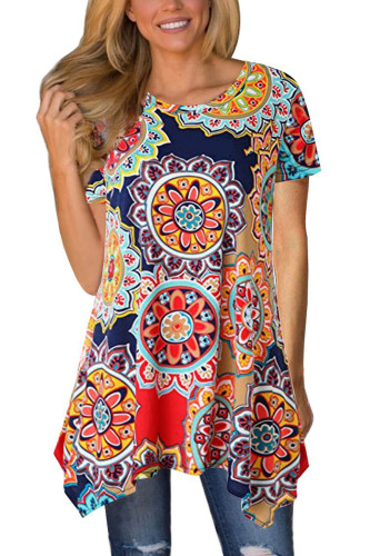 Multicolor Boho Floral Irregular Hem Short Sleeve Blouse