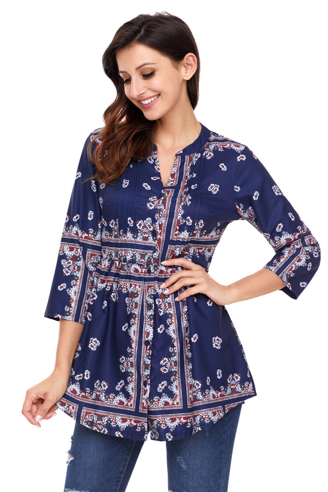 Stylish Floral Print Navy Chiffon Button-Down Pin Tuck Tunic