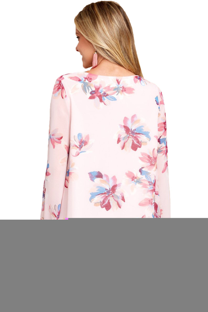 Pink Floral Print V Neck Chiffon Dress