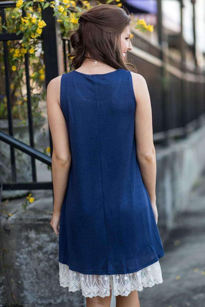 White Lace Hemline Splice Navy Mini Tank Dress