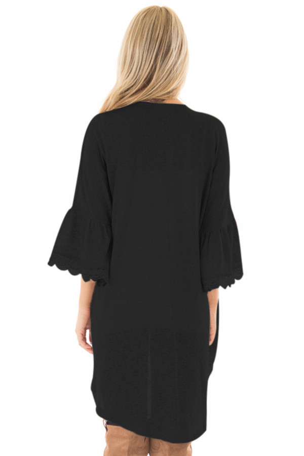 Black 3/4 Ruffle Sleeve Cardigan with Sheer Lace Details