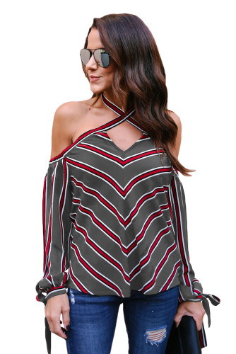 Red White Stripes Grey Cold Shoulder Blouse