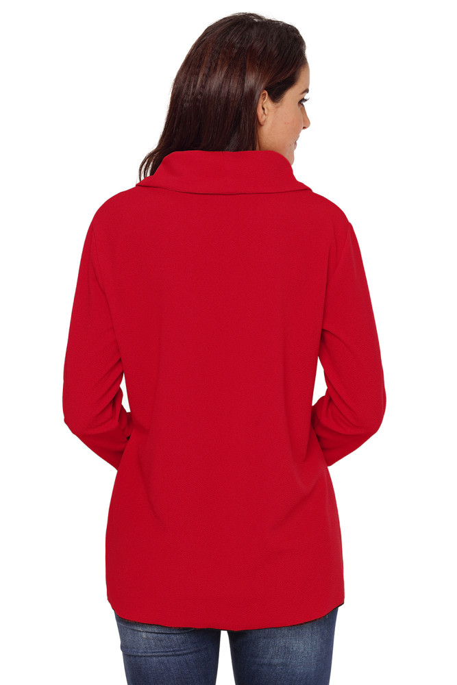 Red Button Detail Asymmetric Cowl Neck Sweatshirt