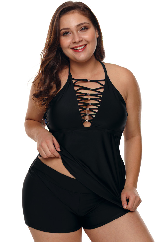 Black Beaded Crisscross Tankini and Short Swimsuit
