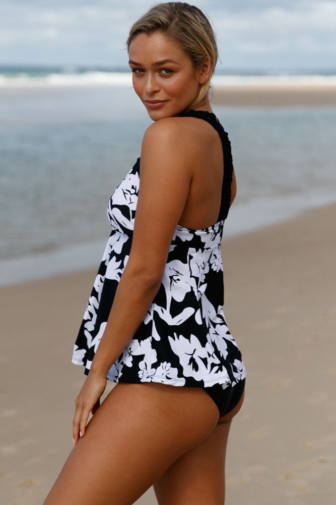 Patchwork White Printed Open Back Tankini Set