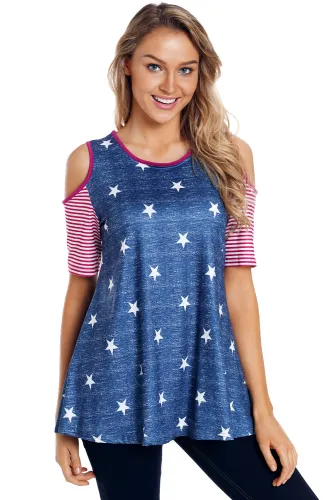 United&Strong Star Striped Cold Shoulder Top