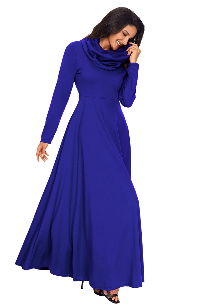 Royal Blue Cow Neck Long Sleeve Maxi Dress