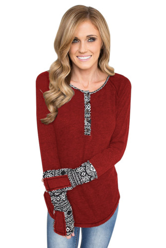Red Womens Floral Printed Casual Flare Tunic Tops