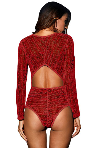 Red Deep V Neck Long Sleeve Bodysuit with Open Back