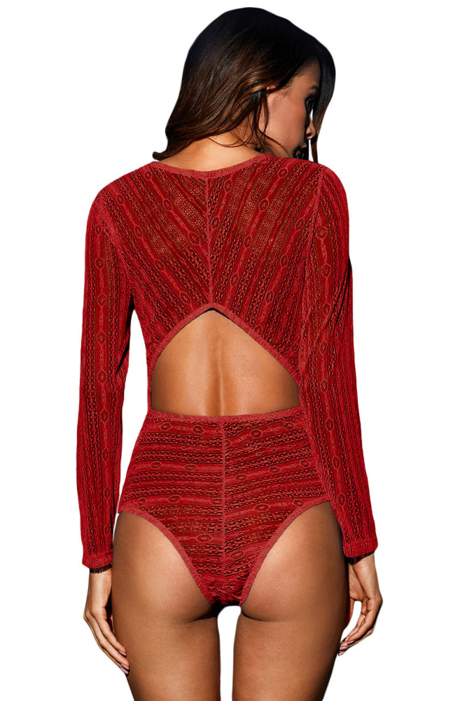Red Deep V Neck Long Sleeve Bodysuit with Open Back
