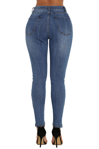 Blue Retro Patch Front Ankle Zipped Jeans