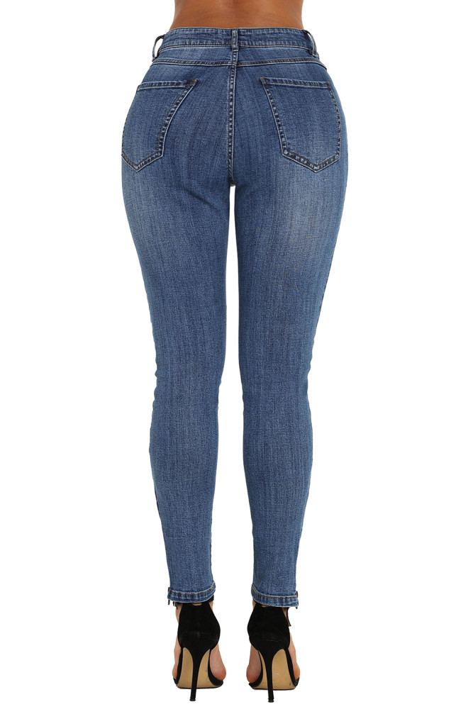 Blue Retro Patch Front Ankle Zipped Jeans