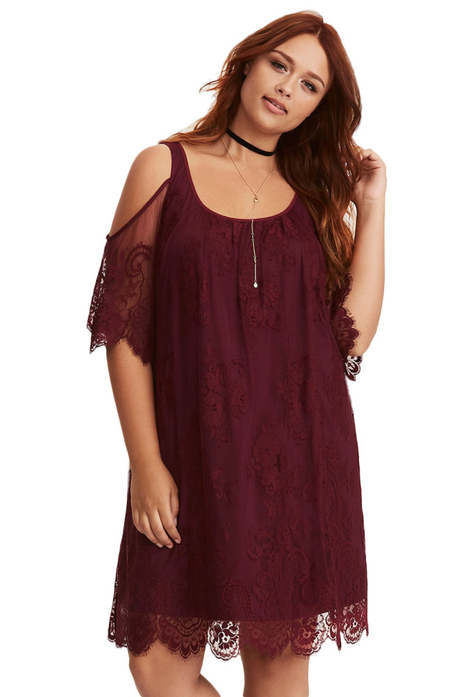 Burgundy Plus Size Lace Cold Shoulder Trapeze Dress