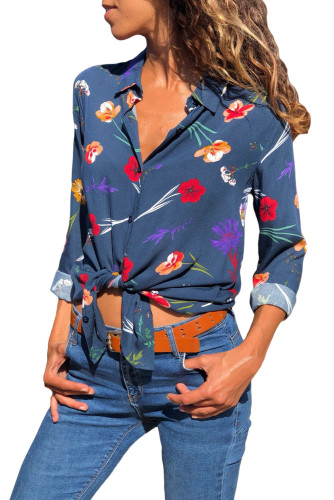 Dark Blue Long Sleeve Floral Print Button Front Shirt