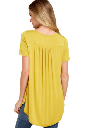 Yellow Button Front Babydoll Flowy Tee Top with Pleats