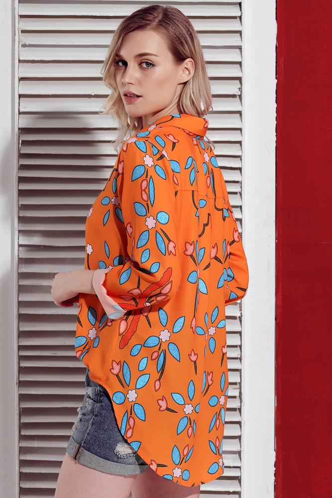 Orange Long Sleeve Floral Print Button Front Shirt