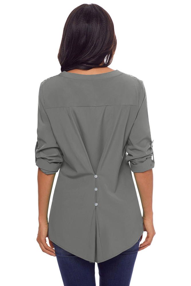 Gray Lace Panel Split Neck Roll Tab Sleeve Blouse