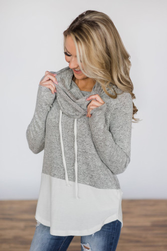 Grey White Colorblock Drawstring Cowl Neck Sweatshirt