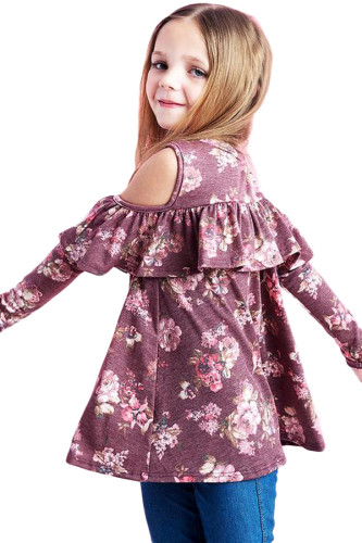 Pink Floral Cold Shoulder Ruffles Girl Top