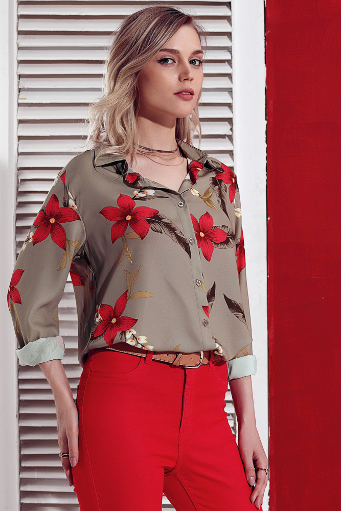 Green Long Sleeve Floral Print Button Front Shirt