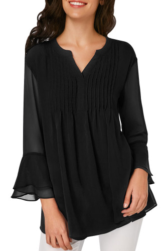 Black Split Neck Layered Bell Sleeve Blouse