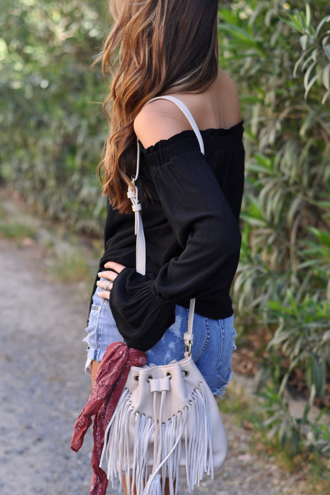 Black Elastic Off Shoulder Tie Front Bell Sleeve Top