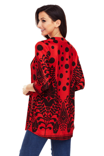 Red Black Floral Print Flowy Blouse