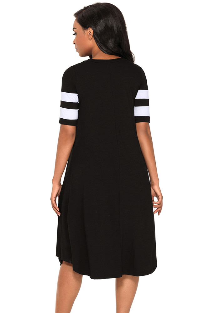 Striped Half Sleeves O Neck Flowy Jersey Dress in Black