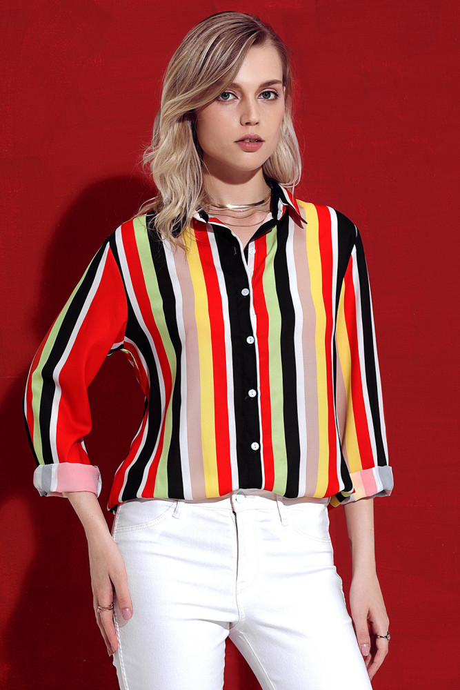 Red Multicolor Stripe Long Sleeve Button Down Shirt