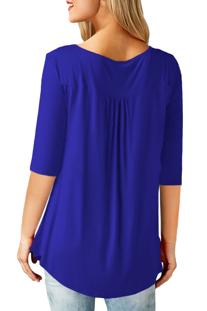 Royal Blue 3/4 Sleeve Button Detail Pleated Tunic