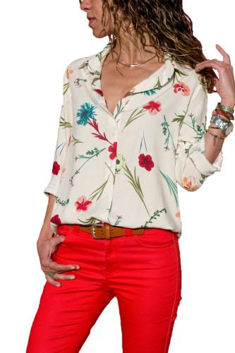 White Long Sleeve Floral Print Button Front Shirt