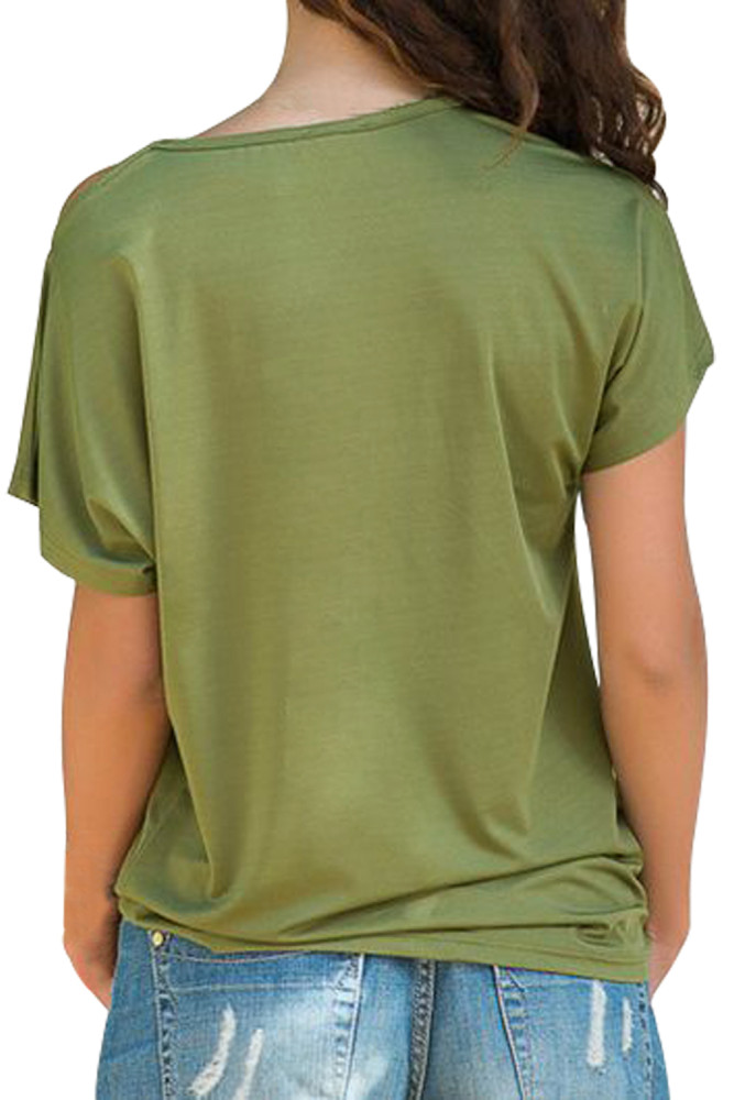 Glittery Cross Shoulder Detail Army Green Short Sleeve Tee