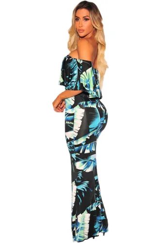 Black Green Tropical Leaf Print Off-the-shoulder Maxi Dress