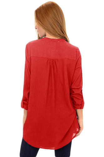 Wine Asymmetric Hemline Roll Tab Sleeve Blouse