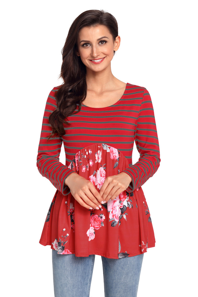 Purplish Red Floral Striped Babydoll Tunic