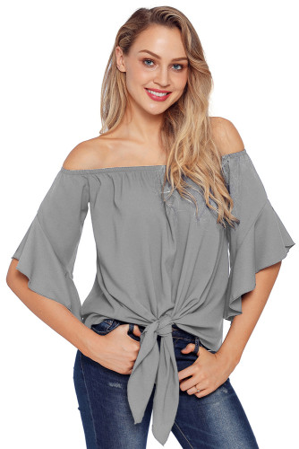 Gray Off The Shoulder Knot Front Top
