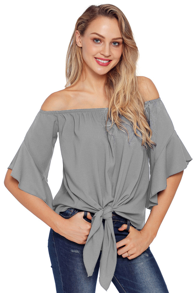 Gray Off The Shoulder Knot Front Top