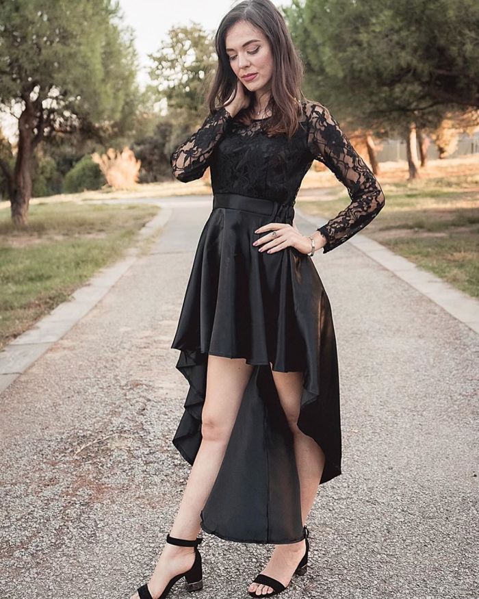 Black Long Sleeve Lace High Low Satin Prom Dress
