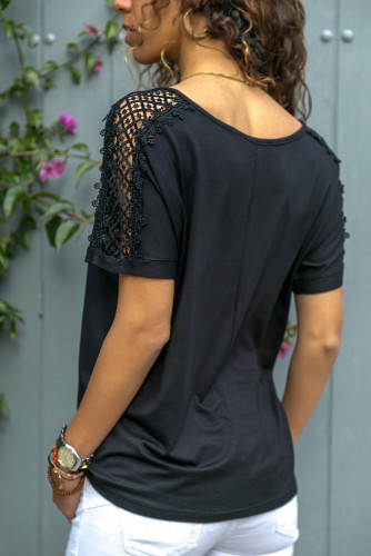 Black V Neck Lace Splicing Short Sleeve Shirt