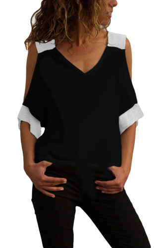 Black White Color Block Cold Shoulder Top