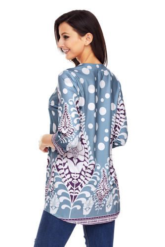 Light Blue White Floral Print Flowy Blouse