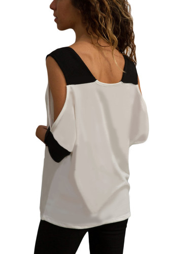 White Black Color Block Cold Shoulder Top
